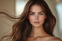 Young woman with flowing brown hair and natural makeup against blurred beige background, soft lighting creates gentle shadows highlighting facial features and skin texture.