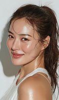 Young Asian woman with glowing dewy skin and messy ponytail hairstyle smiling confidently in white tank top for beauty skincare and wellness concepts.