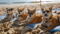 Four Shiba Inu dogs wearing sunglasses relaxing on beach towels at sandy shoreline, enjoying summer vacation together in playful and humorous scene.