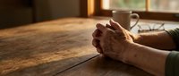 Elderly hands clasped in prayer on rustic wooden table with warm sunlight streaming through window creating peaceful spiritual moment for meditation and faith.