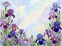 Purple iris flowers frame a soft, cloudy sky in this watercolor-style botanical composition. Ideal for spring designs, garden themes, floral backgrounds, and nature-inspired projects.