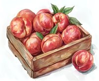 Fresh red apples in wooden crate with green leaves, isolated on white background. Suitable for food packaging, recipe blogs, farmers market promotions and culinary designs.