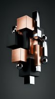 Contemporary geometric sculpture with stacked copper and black metal panels, chrome spheres, and angular forms creating an abstract architectural composition against neutral background.