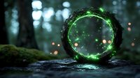 Glowing green magical portal with luminous particles and bokeh lights emerging from dark forest log, mystical fantasy scene for game design and digital art projects.