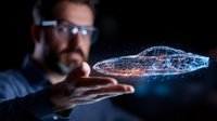 Caucasian businessman with glasses presenting glowing holographic car model floating above palm, futuristic automotive technology concept on dark background.