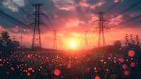 Dramatic sunset silhouettes high voltage power lines and transmission towers against pink sky, with glowing bokeh lights in wildflower meadow foreground creating magical atmosphere.