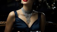 Elegant woman in black evening dress and luxurious diamond necklace sitting in dark atmospheric setting, red lipstick and classic retro glamour style creating dramatic mood.