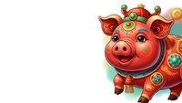 Cute cartoon pig character with colorful decorative ornaments and festive accessories on white background for holiday designs and celebrations.