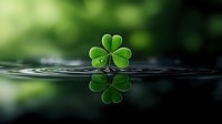 Fresh green four-leaf clover floating on calm water surface with reflection and water ripples against blurred natural background with morning dew drops.