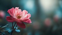 Delicate pink rose bloom with soft petals against dreamy teal blue bokeh background, creating romantic garden atmosphere for greeting cards and floral designs.