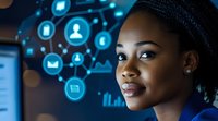 Young African American businesswoman analyzing digital social media network icons and data visualization in modern tech office environment.