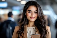 Young Hispanic businesswoman with long dark wavy hair and confident smile holding tablet device in modern office environment. Professional corporate portrait.