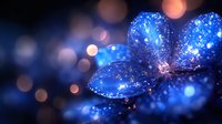 Glowing blue flower petals with sparkling water drops and bokeh lights creating magical nature macro photography effect. Soft dreamy atmosphere.