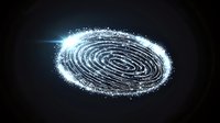 Glowing digital fingerprint with particle effects on dark background for cybersecurity and biometric authentication technology concepts.