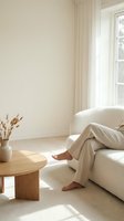 Minimalist living room with beige armchair, wooden coffee table, dried pampas grass in vase, natural sunlight streaming through window creating cozy atmosphere.