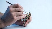 Male hands repairing vintage pocket watch with precision screwdriver against white background. Professional watchmaker restoration work.