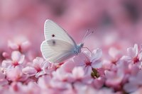 White butterfly perched on delicate pink flowers in soft-focus garden setting. Suitable for nature, spring, and wellness design projects.