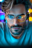 Close-up portrait of young Caucasian male with beard wearing round glasses in neon lighting, dramatic blue and yellow bokeh effects create moody cyberpunk atmosphere.