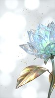 Crystal glass flower with iridescent petals and golden leaves on soft white background with floating sparkles for luxury design projects.