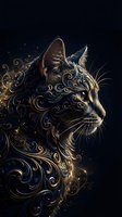 Majestic cat portrait with ornate golden swirls and decorative elements on dark background for luxury design projects and artistic compositions.