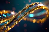 Glowing golden spiral ribbon with sparkles and bokeh lights against dark blue background creates magical festive atmosphere for holiday designs.