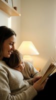 Mother and child reading book together in cozy home setting with warm lamp light. Family bonding time, bedtime story, parenting moments in comfortable living room.