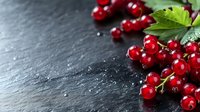 Fresh ripe red currant berries with green leaves on dark slate background with water drops and copy space for text. Food photography concept.