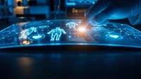 Hands touching glowing digital network interface with AI icons and data connections on futuristic holographic display for technology, innovation, and digital transformation concepts.