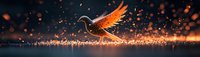 Glowing orange phoenix bird rising from sparkling water surface against dark background, magical fantasy creature with luminous wings and ethereal particles.