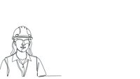 Female construction worker wearing hard hat smiling confidently in continuous line art style on white background for professional design projects.