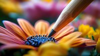 Wooden pencil tip pointing at vibrant orange and pink daisy flower center with blue stamens, artistic macro photography with soft blurred floral background.