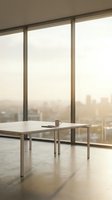 Modern minimalist office workspace with white table and metal frame furniture positioned near floor-to-ceiling windows overlooking hazy cityscape skyline, suitable for corporate, business, and professional design projects.