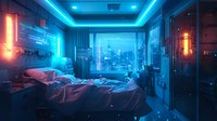 Futuristic bedroom with neon blue and red lighting, person lying on bed overlooking cityscape through large window, cyberpunk interior design with glowing accents.