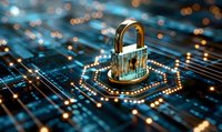 Golden padlock with digital circuit pattern on blue technology background with glowing connections and bokeh lights represents cybersecurity concept.