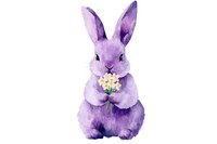 Purple watercolor bunny holding yellow daisies bouquet on white background, whimsical nursery art style illustration for children decor and greeting cards.