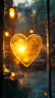 Glowing golden heart drawn on rainy window glass with bokeh lights and water drops creating romantic atmospheric evening mood for Valentine's day background.