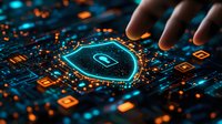Glowing cyber security shield icon on circuit board with human hand touching digital protection interface. Orange and blue futuristic technology background.