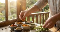 Person preparing fresh herbs and spices in small bowls on wooden surface near window with natural sunlight streaming in for cooking preparation.