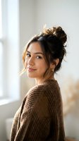 Young Hispanic woman with messy bun hairstyle wearing brown knit sweater smiling at camera in bright modern interior with natural window light.