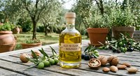 Extra virgin olive oil bottle with fresh olives, nuts and herbs on rustic wooden table in Mediterranean garden setting for culinary and cooking concepts.