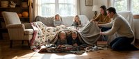 Caucasian family building blanket fort in cozy living room. Father helps children create indoor tent with sheets on sofa for imaginative play at home.