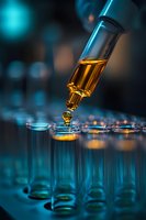 Amber liquid droplet falling from pipette into laboratory test tube with dramatic turquoise lighting, macro photography capturing surface tension in science lab.