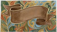 Vintage watercolor banner scroll on ornate floral background in earthy tones, perfect for retro greeting cards, labels, and decorative designs.