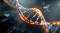 Glowing DNA helix strand with orange light effect on dark background, scientific genetic research visualization for medical and biotechnology concepts.
