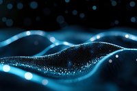 Abstract digital wave pattern with glowing blue particles and bokeh effects on dark background, representing data flow and technology connections.