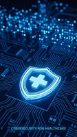 Cybersecurity shield with medical cross on circuit board background representing healthcare data protection and digital security technology solutions.