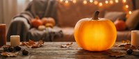 Orange pumpkin on rustic wooden table with autumn leaves, candles and warm string lights creating cozy fall atmosphere for seasonal home decor and harvest celebrations.