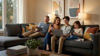 Happy multiracial family of four relaxing together on gray sofa in modern living room, parents and teenage children enjoying quality time at home.