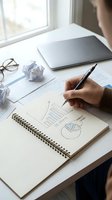 Business professional analyzing financial data and charts in notebook at modern office desk with laptop and documents for strategic planning.