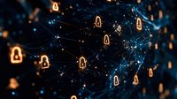 Glowing orange padlock icons connected by blue network lines on dark background illustrate cybersecurity and digital data protection concept.